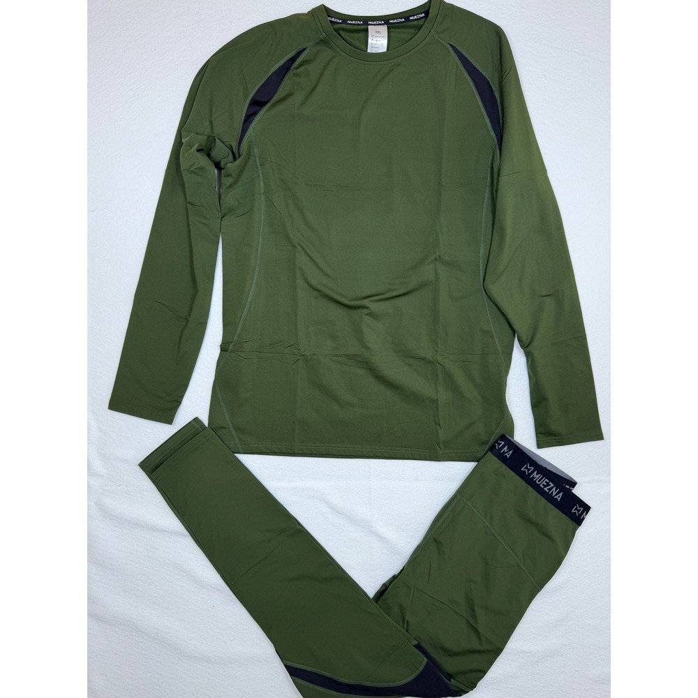 Muezna Mens Thermal Base Layer Set Olive Green Compression Top XXL Leggings XL